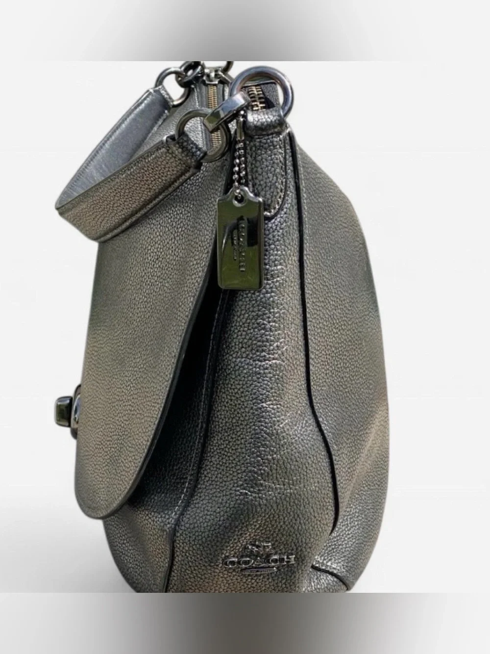 Coach Pebble Leather Turnlock Grey Metallic Hobo Bag